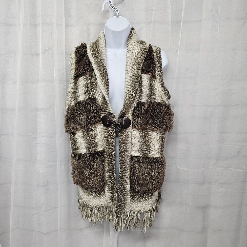 Cynthia Rowley Vest Brown Cream Faux Fur Striped Knit Fringed Boho XL